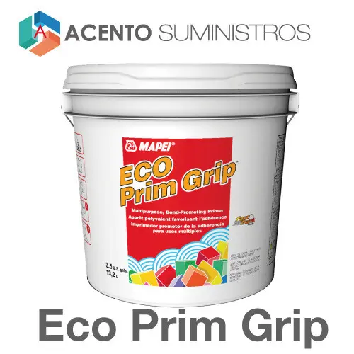 Imprimante Eco Prim Grip de resina para placa MAPEI Acento Suministros ECO Prim Grip es un imprimador a base de resina sintética, con bajos COV y listo para usar, que contiene agregados de sílice suspendidos en dispersión y que promueven la adherencia Acento Suministros