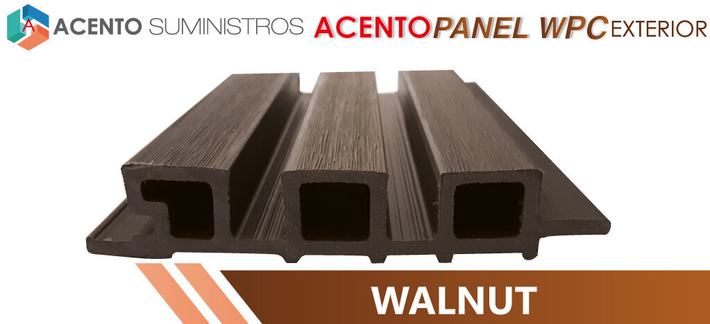 Panel WPC Wall walnut Acento-Suministros Panel exterior wall wpc para revestimiento de fachadas de color walnut