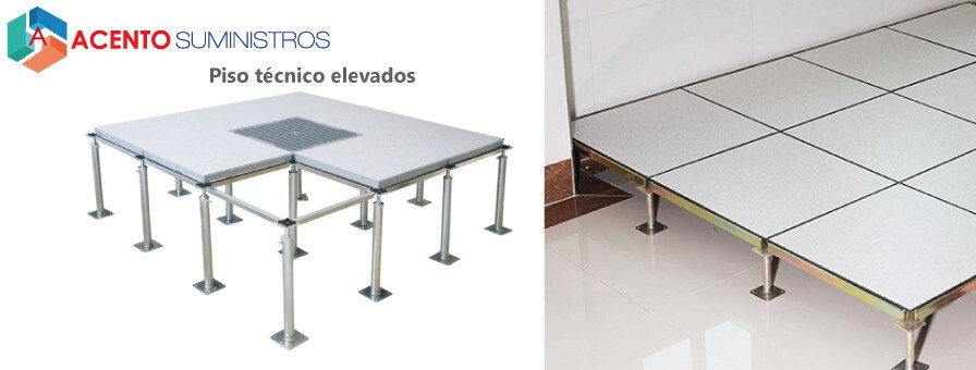 Piso Técnico Elevado con Acabado Modular Acento Suministros Piso técnico elevado con acabado modular instalado sobre estructura metálica, mostrando paneles listos para uso en espacio interior moderno.