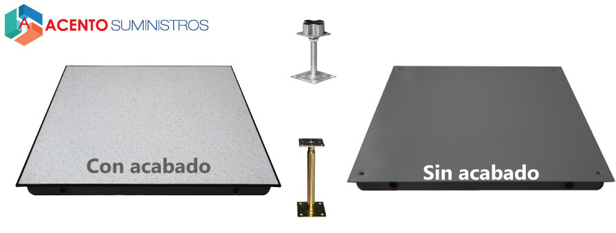 Piso Técnico Elevado con y sin Acabado Comparación de piso técnico elevado con acabado superficial listo para uso y panel sin acabado para personalización, junto a sus soportes estructurales.